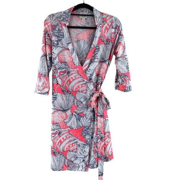 Julie Brown NYC Milo Wrap Dress in Neon Coral Pink Shell Print Midi Dress Sz S - Picture 1 of 10